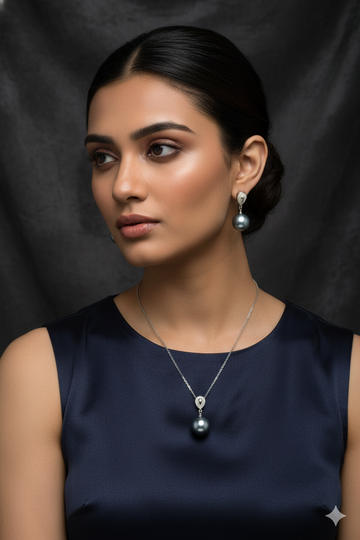 Silver Pearl Pendant Set - Elegant Blue Grey Pearl Jewelry | Luxury Anti Tarnish Coating