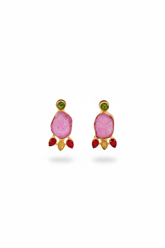 Natural Druzy Slice Earrings – Pink with Green Stud | Gold‑Plated Brass, Anti‑Tarnish
