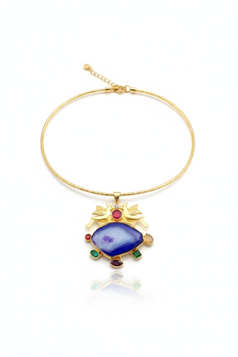 Hansuli Necklace with Bird Motif & Blue Geode Pendant | Brass Anti Tarnish | Lightweight