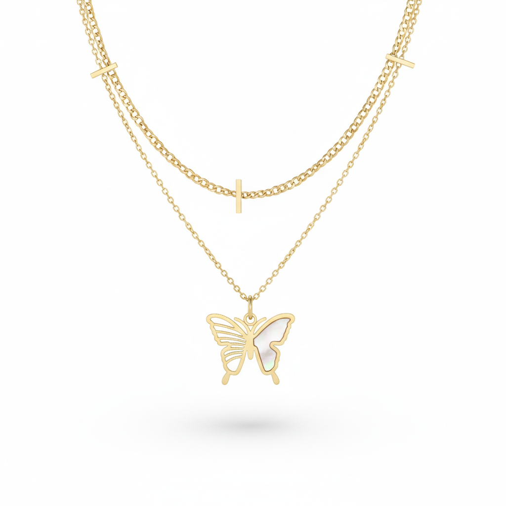 Layered Butterfly Pendant Necklace – Dual Chain Gold Plated Design