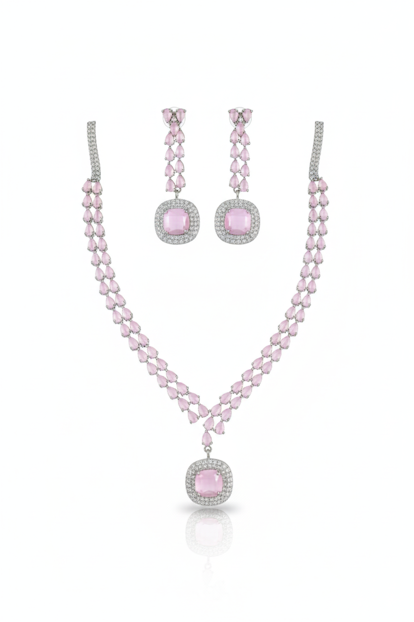 Korean Pink Glass Stone Jewelry Necklace Set | Rhodium Plated Party Wear Jewelry with Earrings