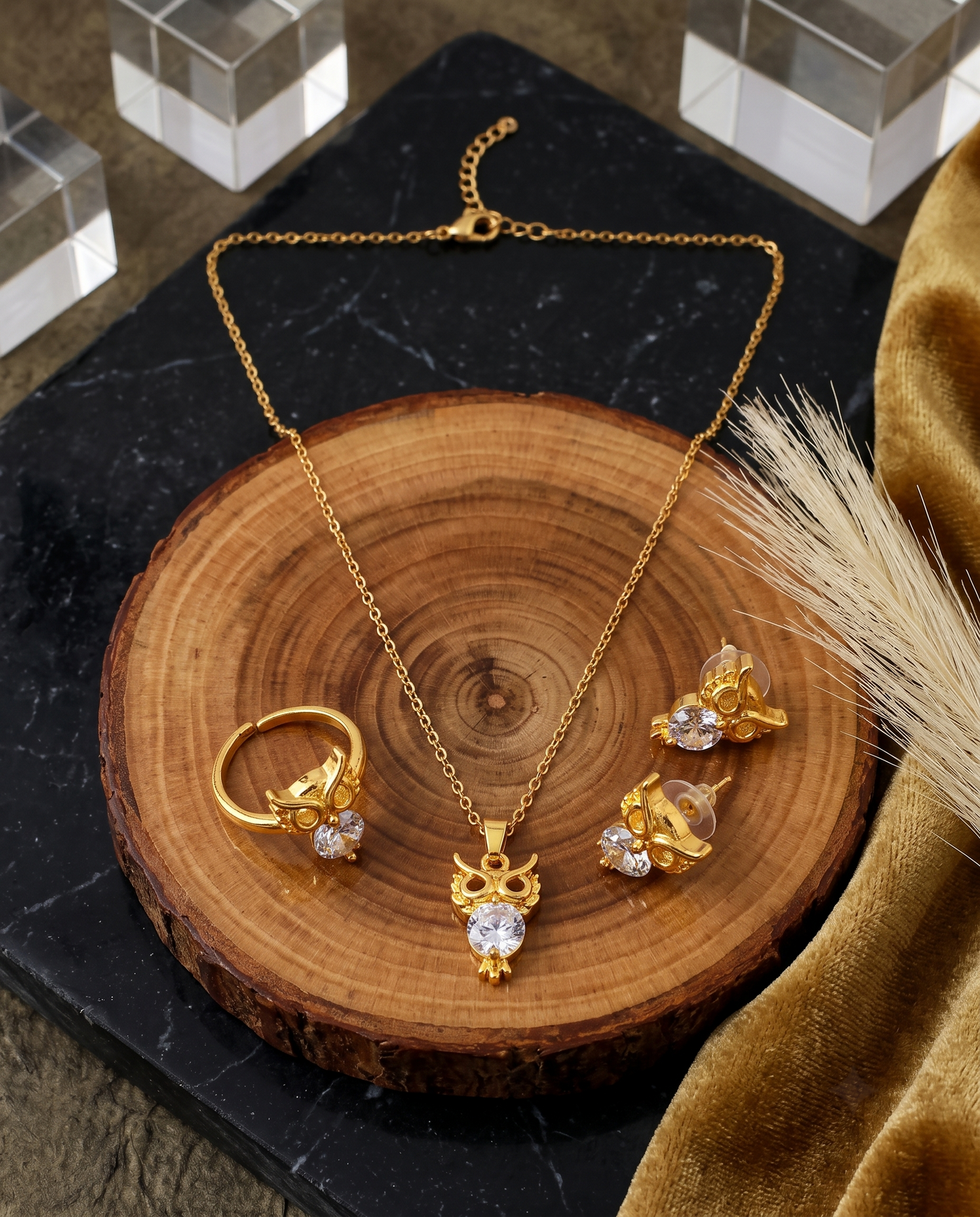 Owl pendant necklace, matching earrings and ring set, gold plated – additional angle