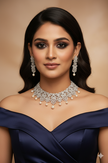 Silver-Plated Floral Pearl Choker Set with Earrings