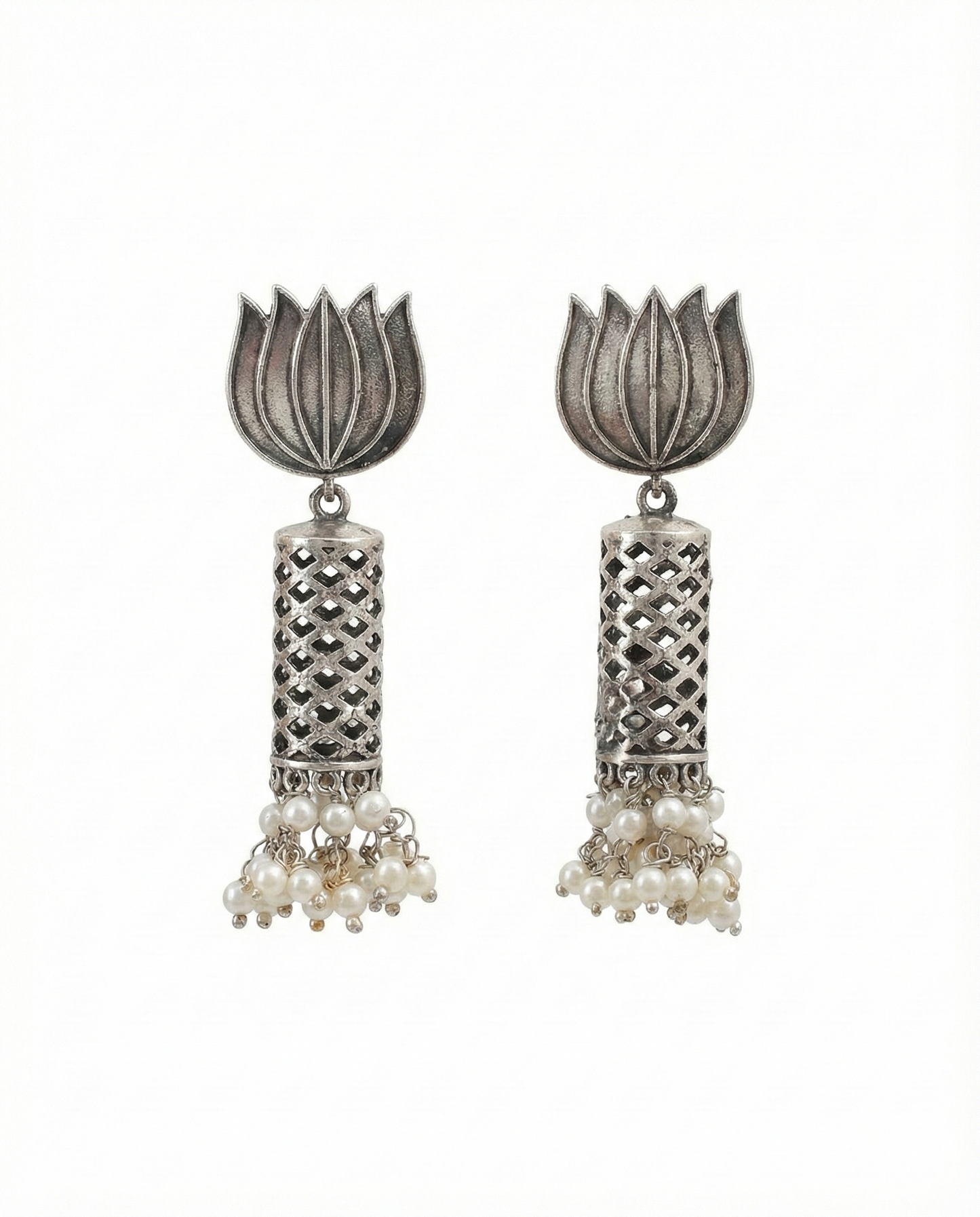 Lotus Oxidised German Silver Jhumka Earrings with Pearl Cluster Drops | Antique Finish Earrings