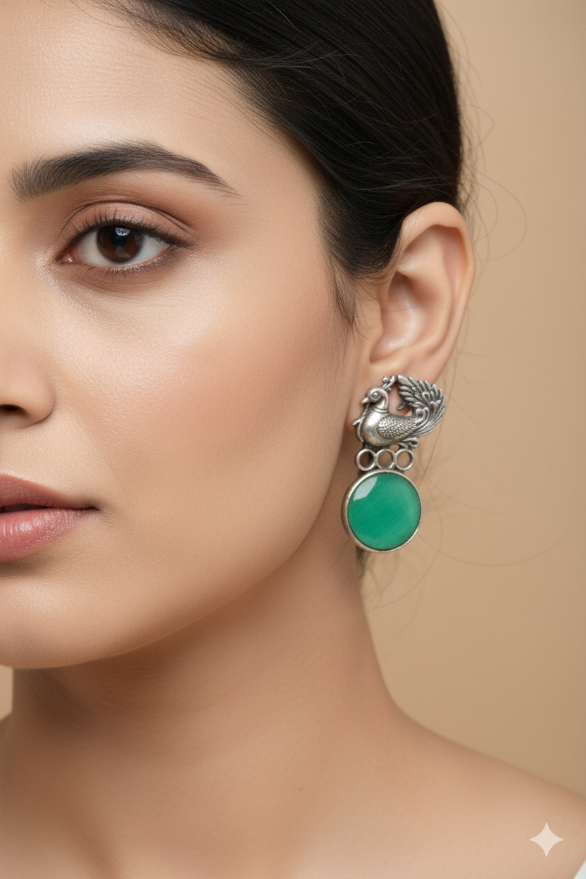 Peacock Top Earrings with Green Monalisa Round | Oxidised German Silver
