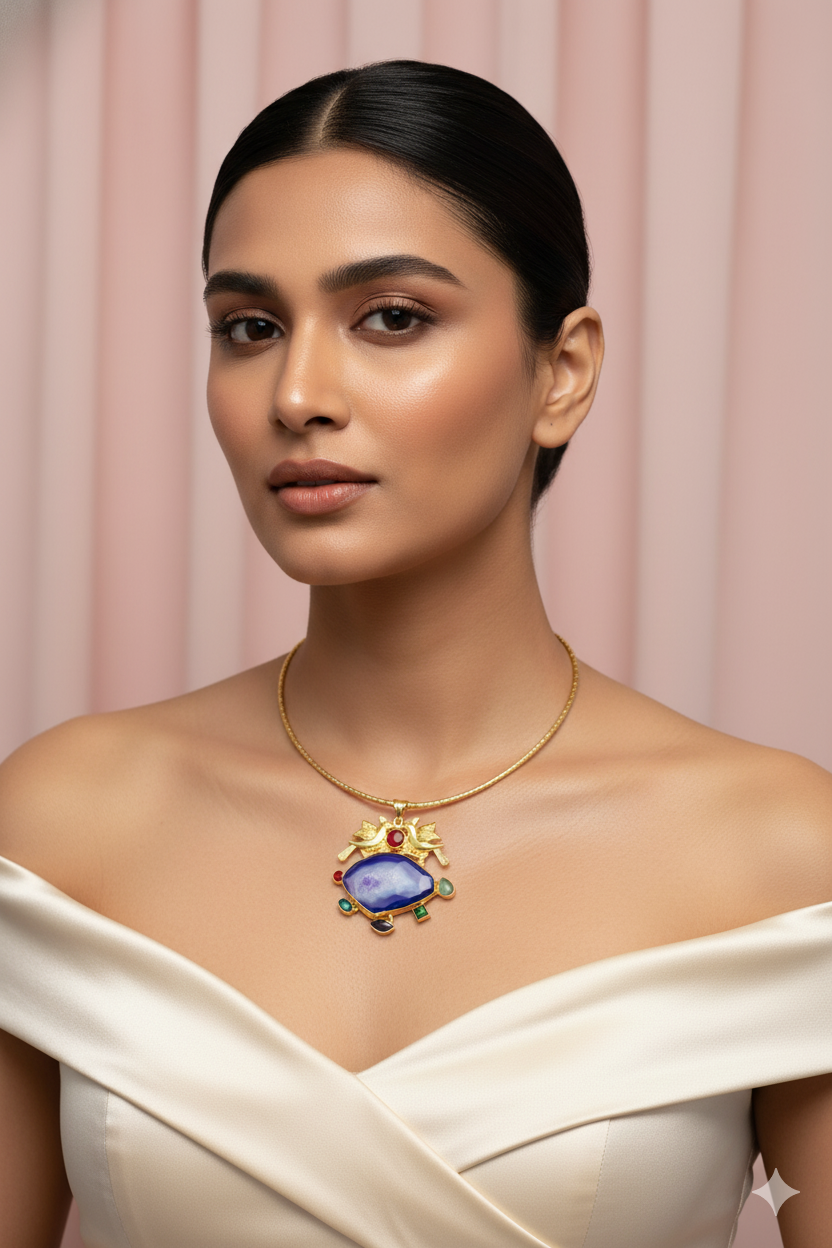 Hansuli Necklace with Bird Motif & Blue Geode Pendant | Brass Anti Tarnish | Lightweight