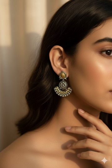 Crescent Shaped Floral German Silver Earrings – Antique Oxidised Dual Tone