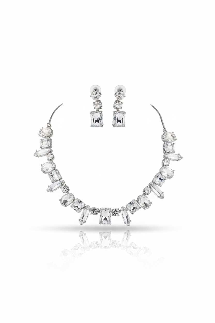 Korean Silver Glass Stone Jewelry Necklace Set | Rhodium Plated Crystal Jewelry with Earrings