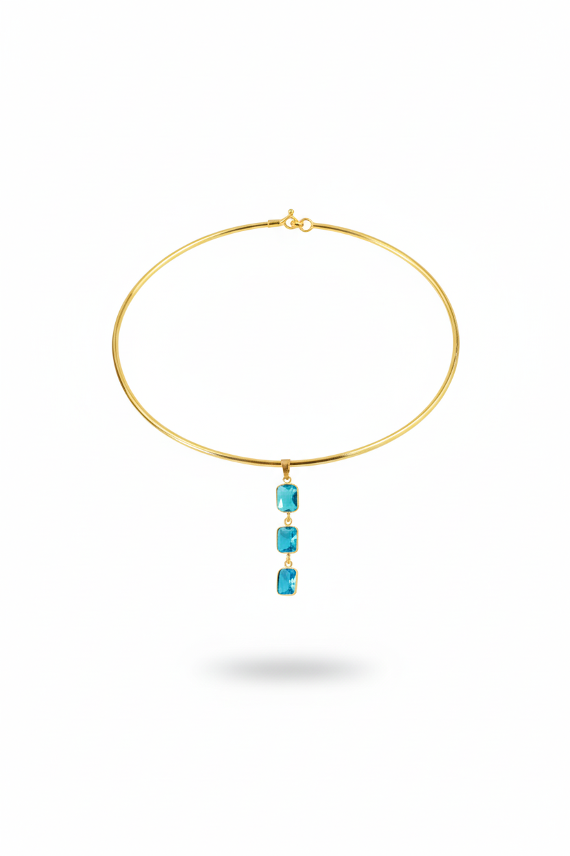 Hansuli Necklace with Triple Blue Rectangle Pendant | Brass Anti Tarnish | Lightweight