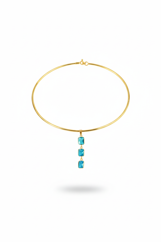 Hansuli Necklace with Triple Blue Rectangle Pendant | Brass Anti Tarnish | Lightweight