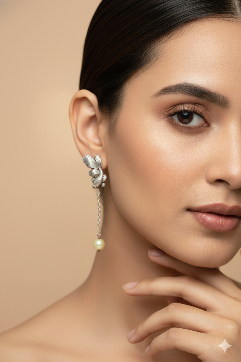 Fish Motif Chain Drop Oxidised German Silver Earrings with Pearl Ends