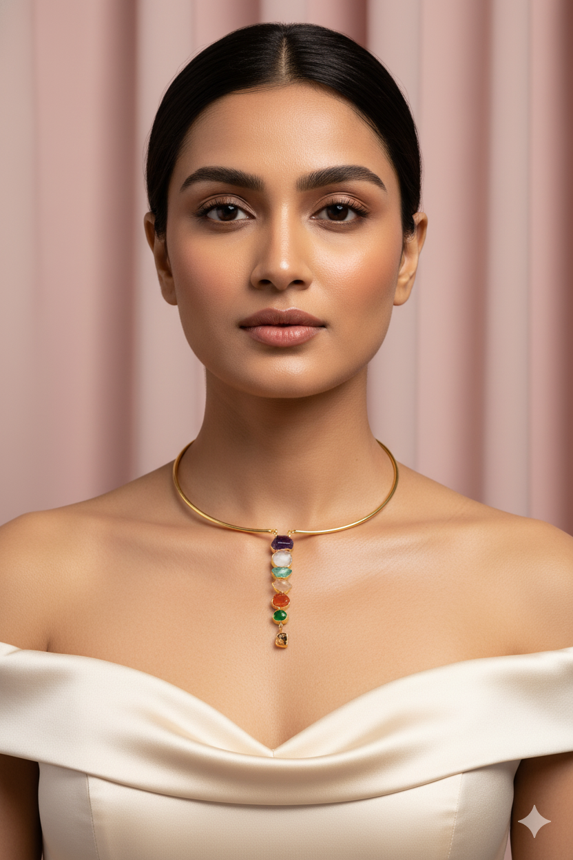 Hansuli Necklace with Vertical Multicolor Bar Pendant | Brass Anti Tarnish | Lightweight