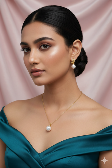 Single Pearl Drop Pendant Set - Minimalist Gold Plated Necklace & Earrings | Anti Tarnish