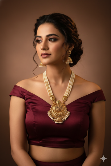 Grand Pearl Mala Lakshmi Temple Haar Necklace Set