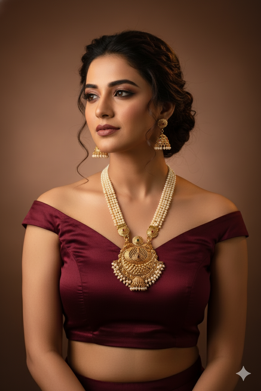 Grand Pearl Mala Lakshmi Temple Haar Necklace Set