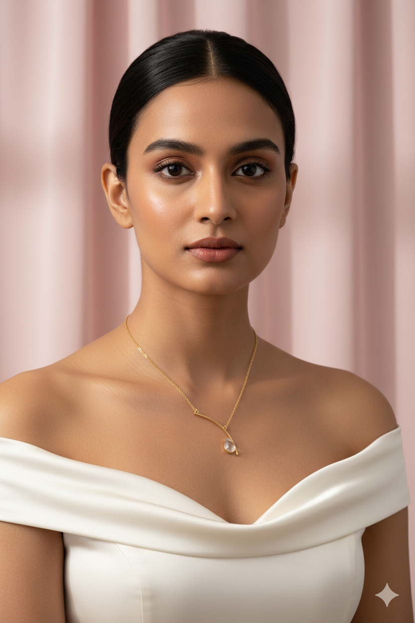 Curved Bar Chain Necklace with Clear Teardrop Natural Stone | Brass Anti Tarnish | Lightweight