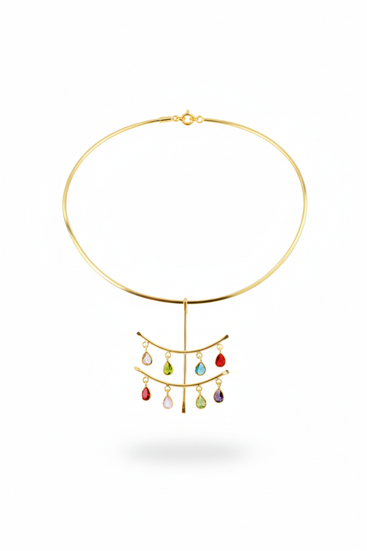 Hansuli Necklace with Cascade Teardrop Charms – Multicolor Stones | Brass Anti Tarnish | Lightweight