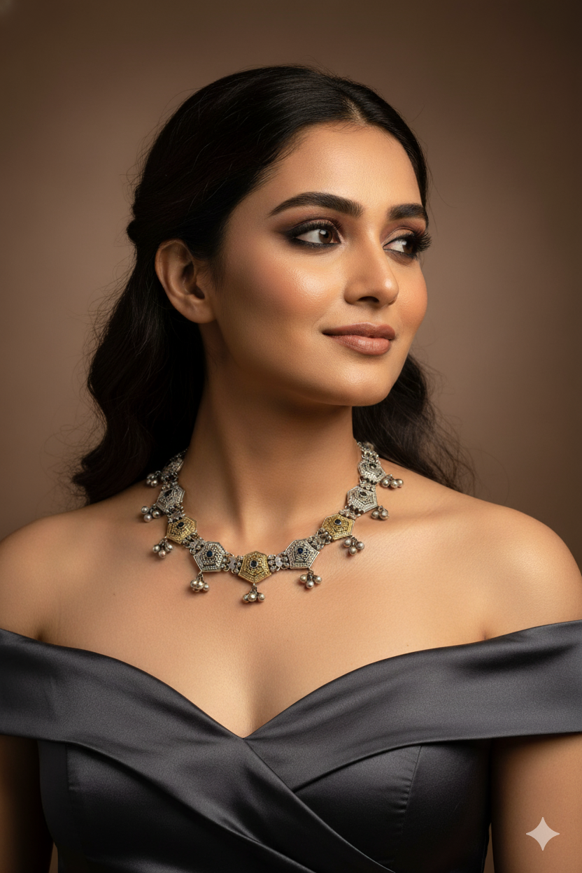 Pentagon Motif Oxidised Pendant Necklace in Dual Tone