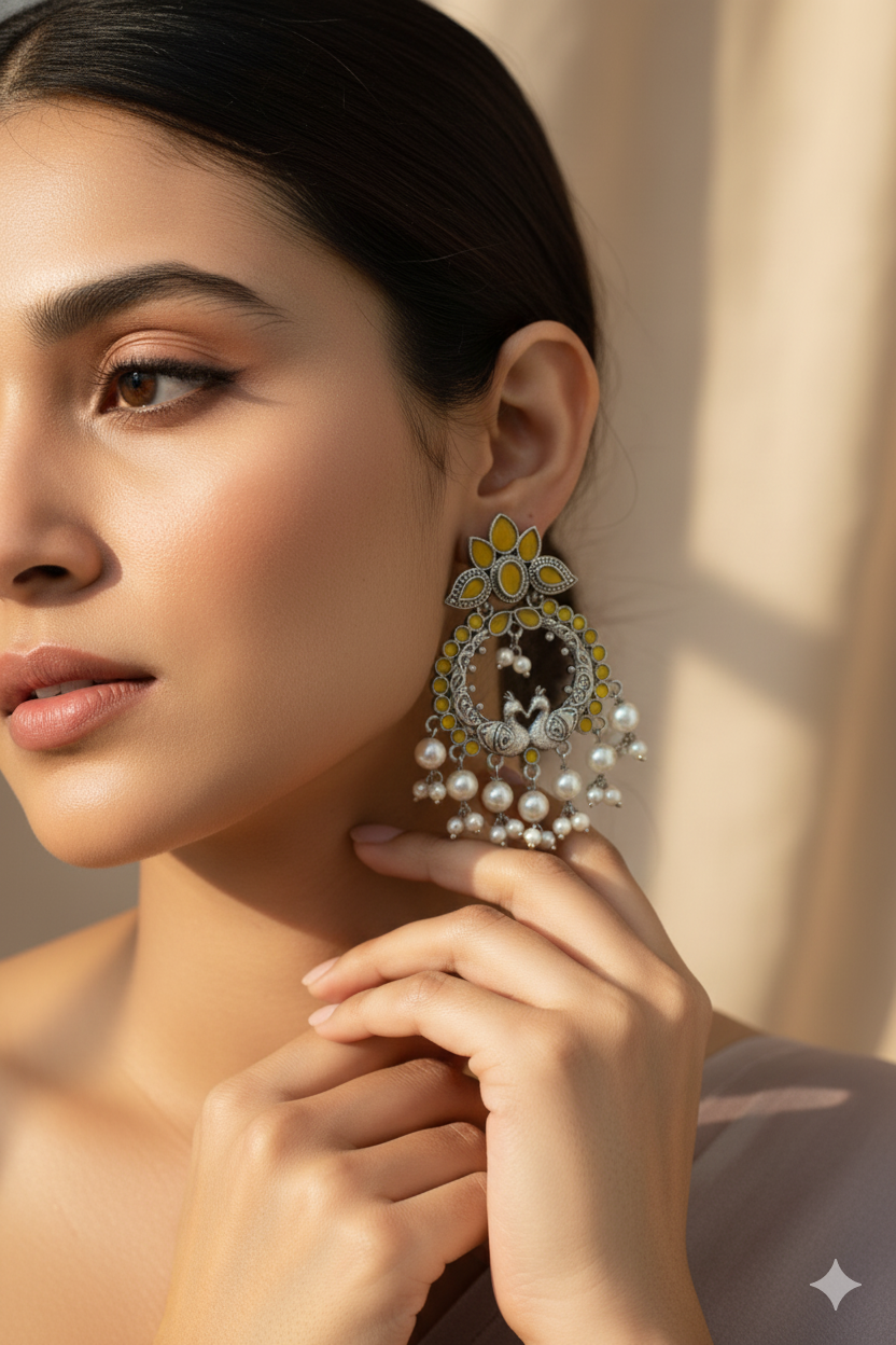 Yellow Monalisa Twin Peacock Chandbali with Pearls | Oxidised