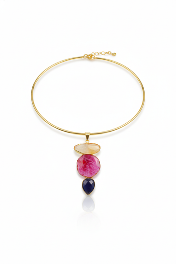 Hansuli Necklace with Triple Stone Pendant – Pink Yellow Navy | Brass Anti Tarnish | Lightweight