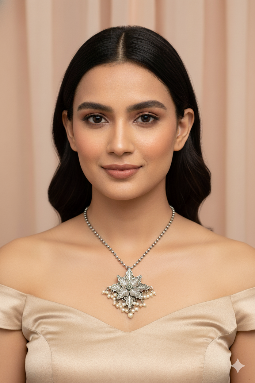 Oxidised Floral Star Pendant with Pearl Tassels | German Silver