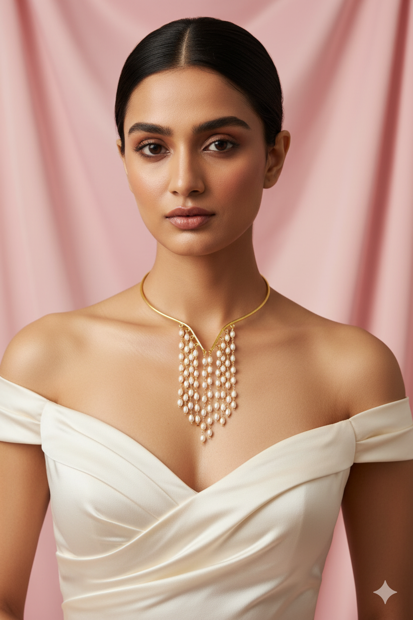 Pearl Tassel Hansuli Necklace | Brass Anti Tarnish | Lightweight