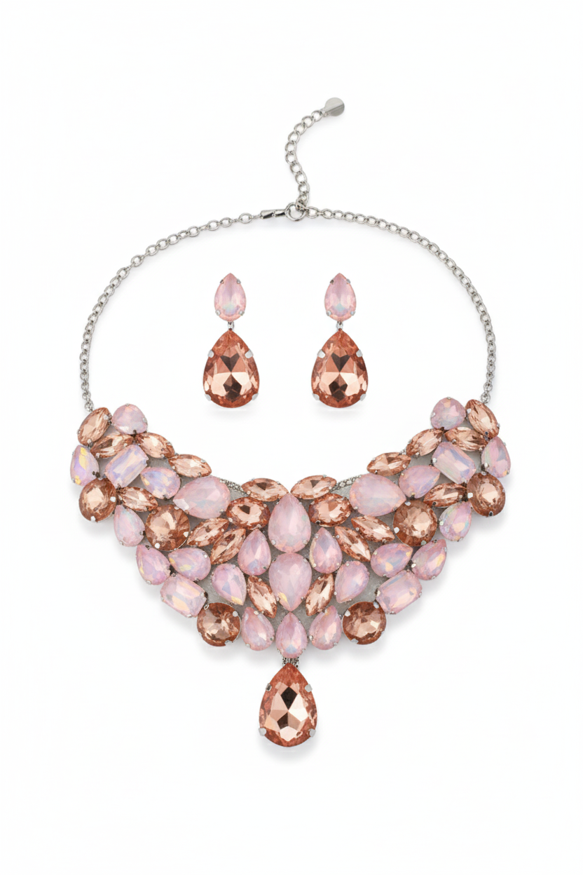 Korean Peach Pink Glass Stone Jewelry Necklace & Earrings Set | Rhodium Plated Luxury Party Jewelry