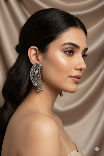 Oxidised German Silver Paisley Bird Stud Earrings