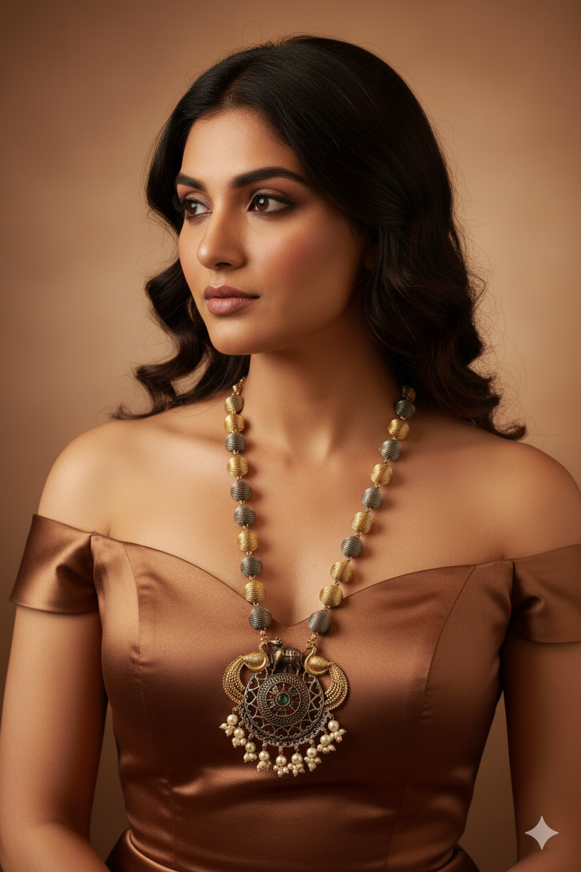 Dual Tone Beaded Elephant Pendant Replica Necklace for Women