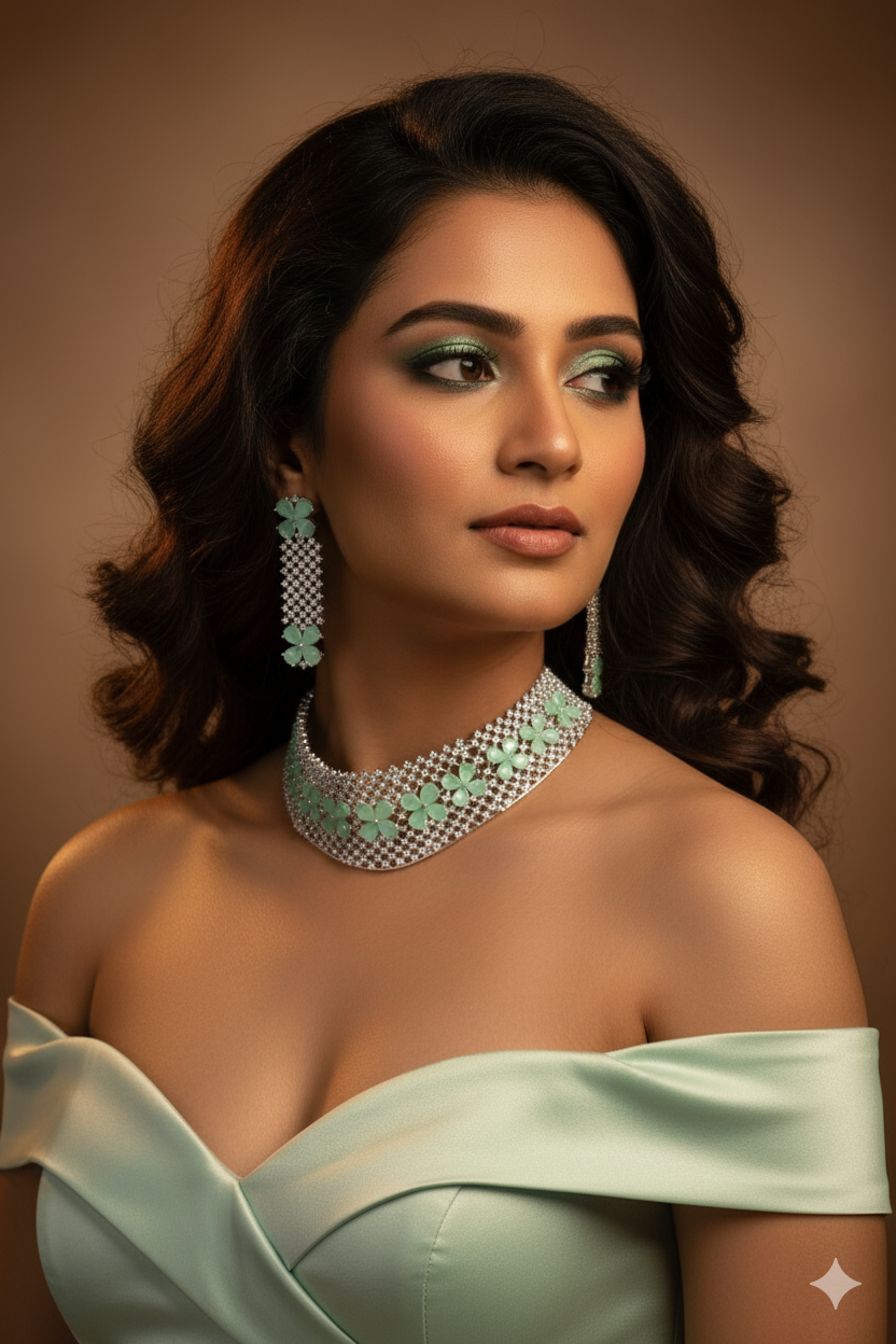 Mint Green Floral AD Choker Necklace with Maangtika | Wedding Set