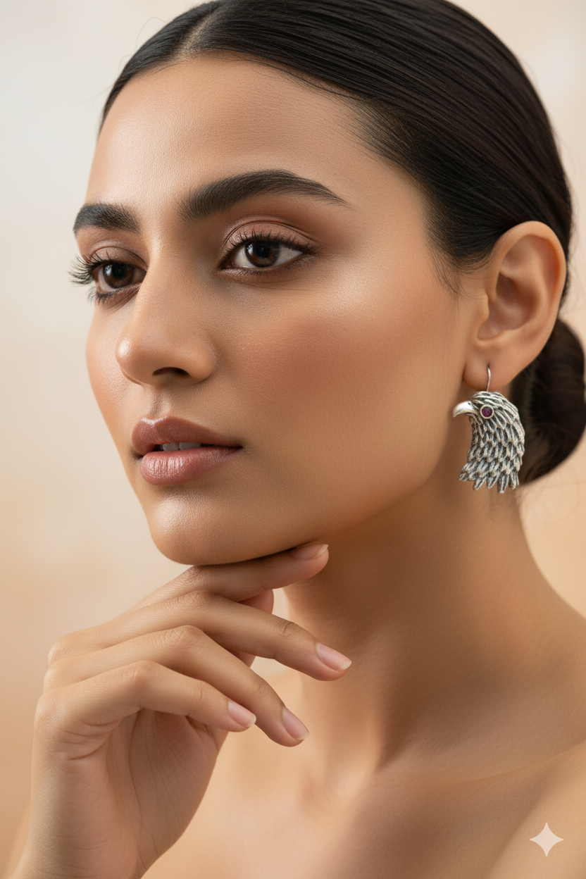 Oxidised German Silver Eagle Head Earrings with Red Stone Eyes