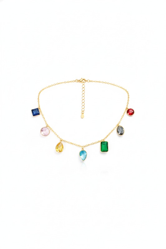 Multicolor Natural Stone Station Chain Pendant Necklace | Gold‑Plated Brass, Anti‑Tarnish