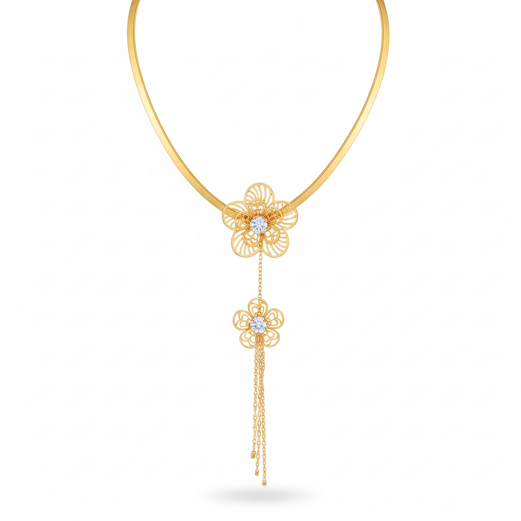 Floral Pendant Necklace – Double Flower Gold Plated Design with CZ Stones