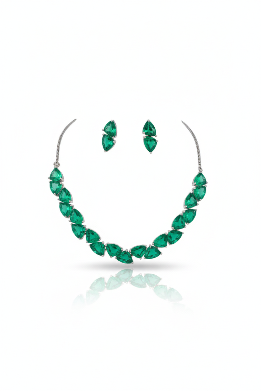 Korean Green Glass Stone Jewelry Necklace Set | Rhodium Plated Elegant Jewelry with Earrings