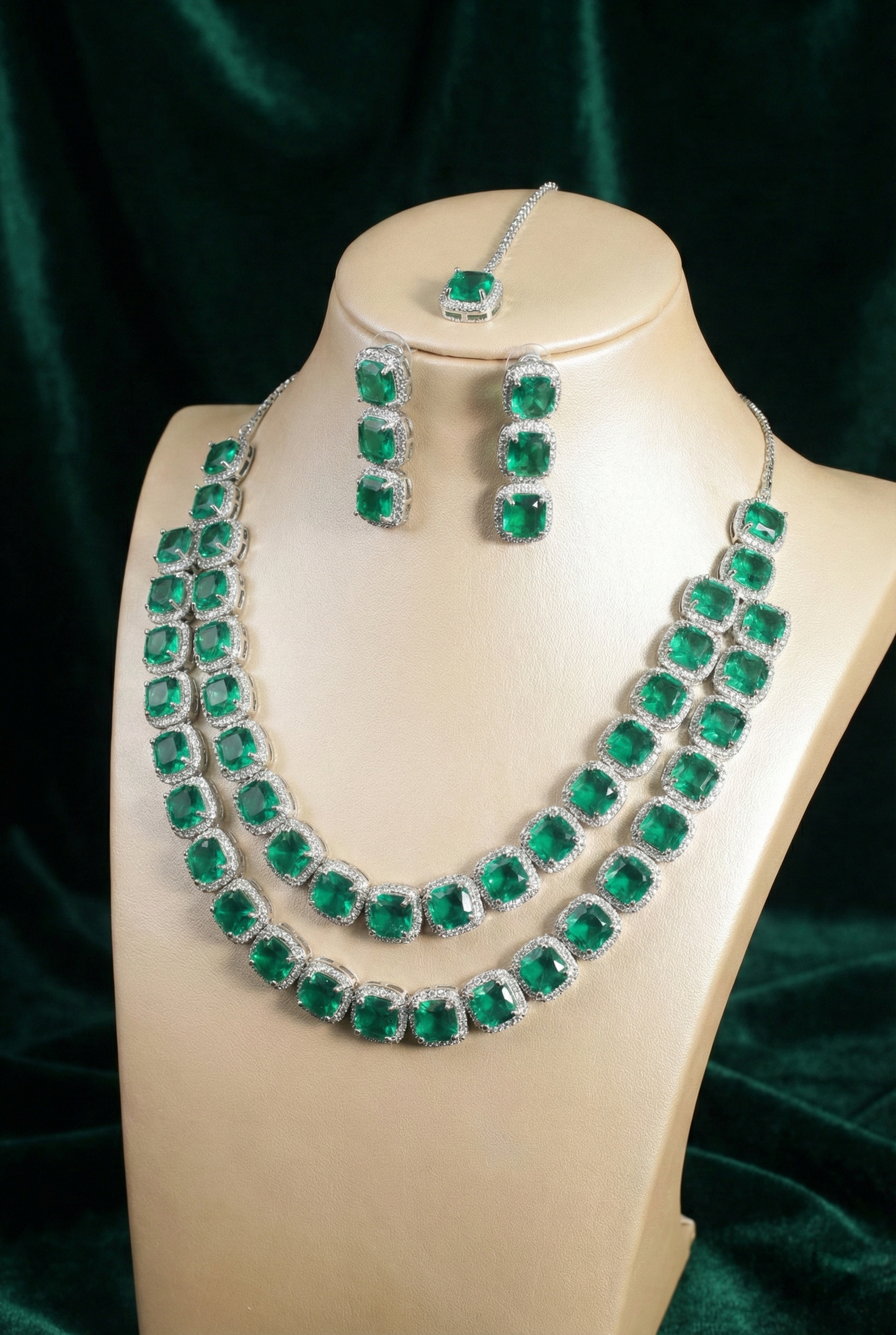 Emerald Double Layer Cushion Cut Necklace Set | Premium Party Jewellery