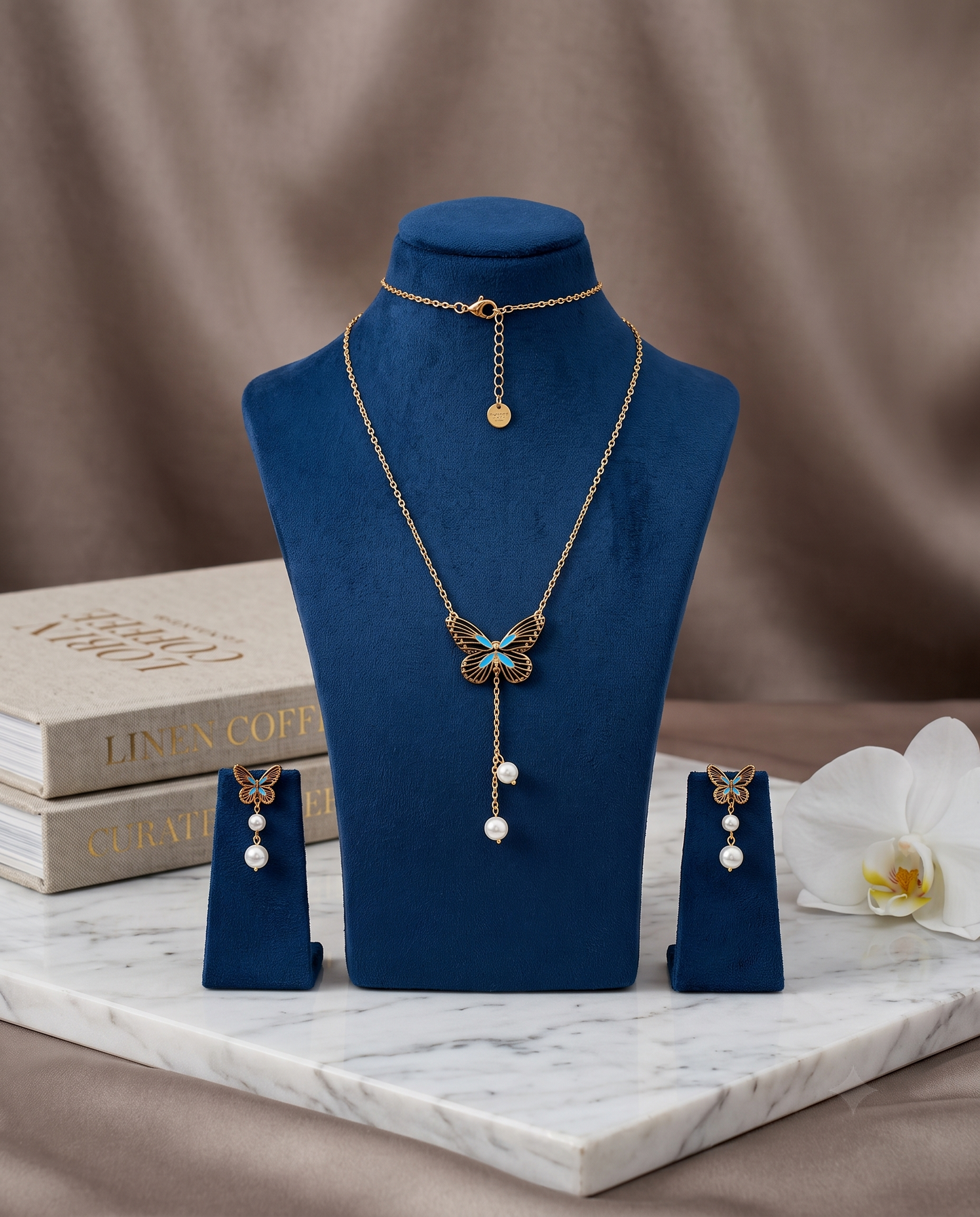 Butterfly pearl pendant necklace and matching earrings set, gold tone – additional angle