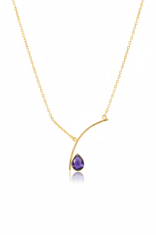 Curved Bar Chain Necklace with Purple Teardrop Natural Stone | Brass Anti Tarnish | Lightweight