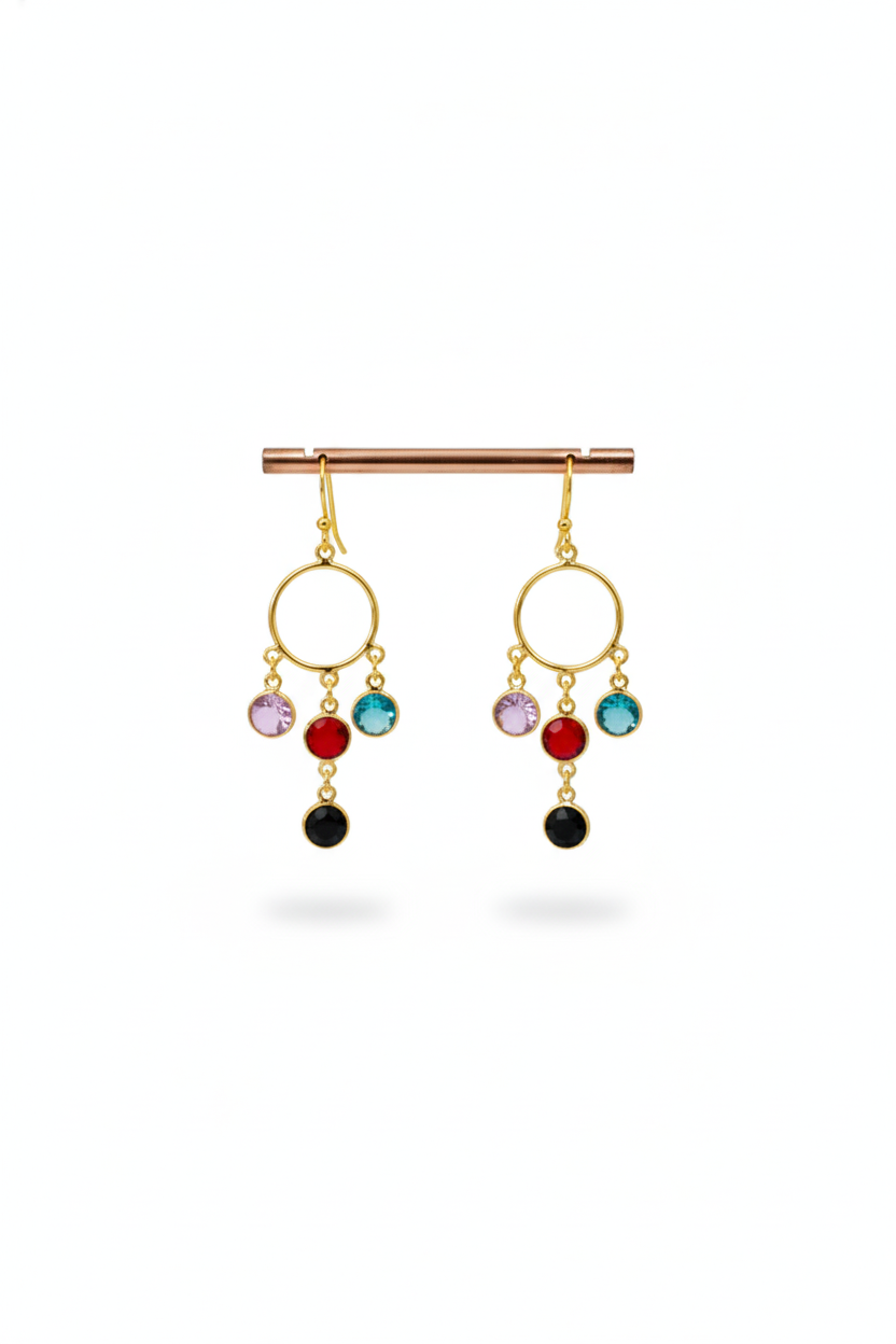 Circle Charm Dangle Earrings – Blue, Red & Black Stones | Natural Stone, Gold‑Plated Brass