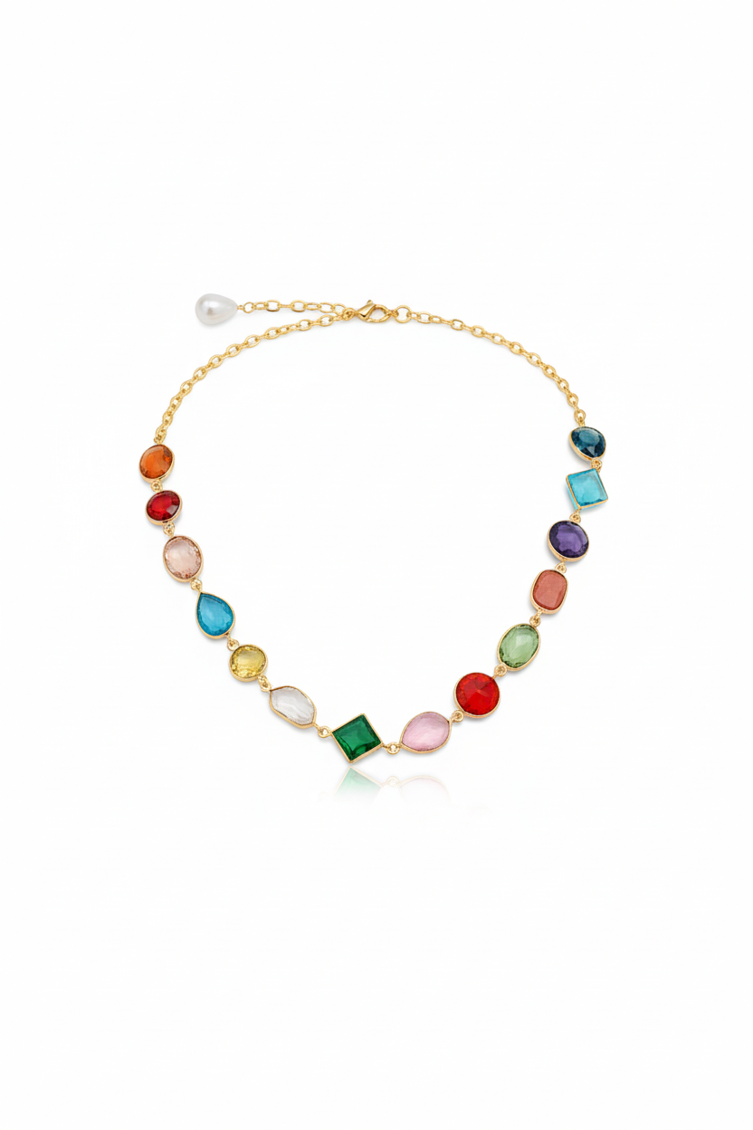 Multicolor Stone Chain Pendant with Pearl Drop | Natural Stones, Gold-Plated Brass