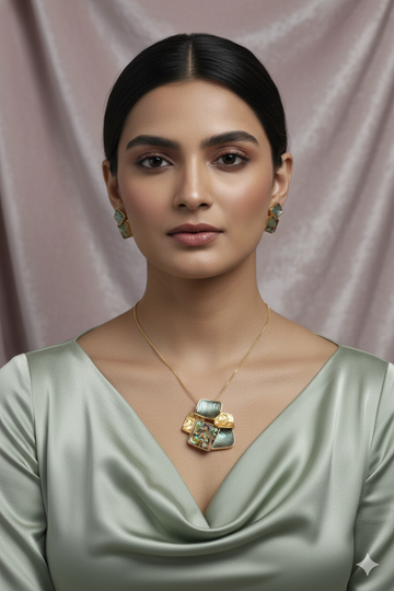Geometric Abalone Green Pendant Set - Modern Luxury Enamel Necklace & Earrings | Anti Tarnish