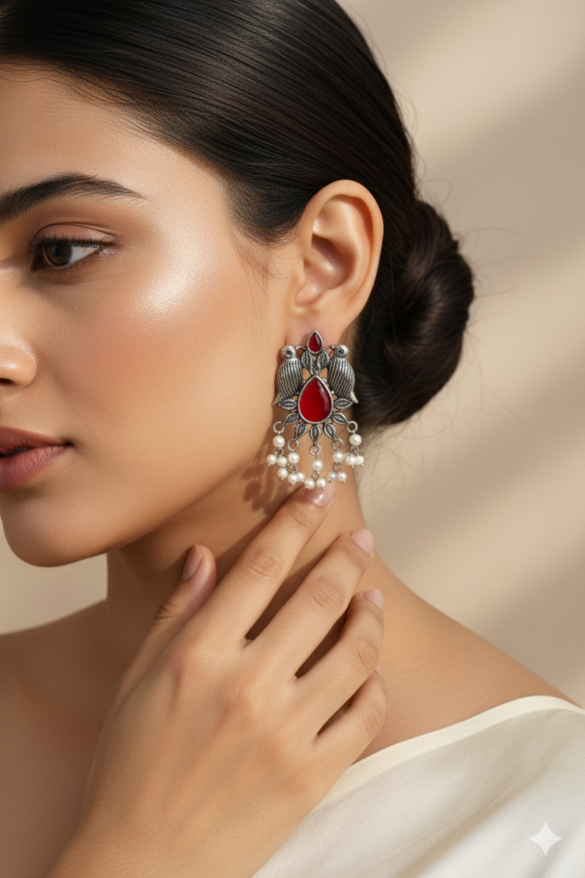 Ruby Red Monalisa Bird Motif Oxidised German Silver Earrings with Pearls