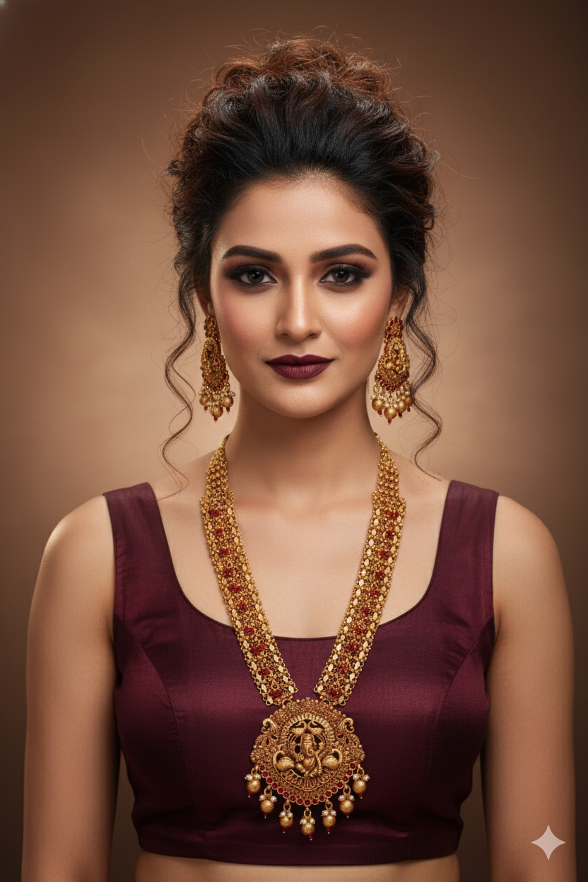 Antique Ganesha Temple Necklace with Ruby Kemp & Pearl Drops