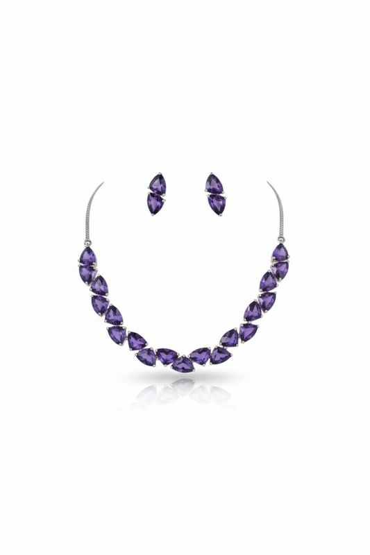 Korean Purple Glass Stone Jewelry Necklace Set | Rhodium Plated Elegant Minimal Jewelry with Earrings