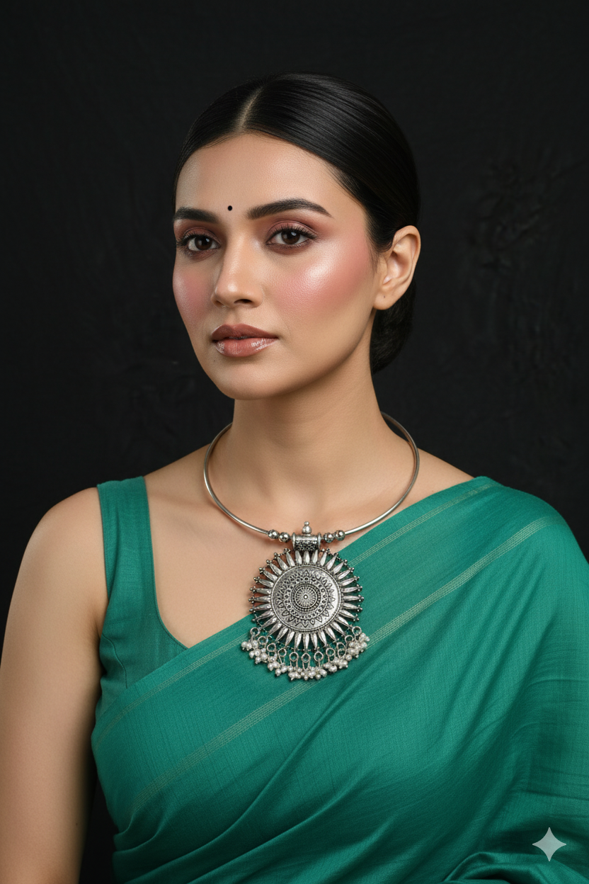 Oxidised German Silver Hansli Necklace with Sunburst Pendant