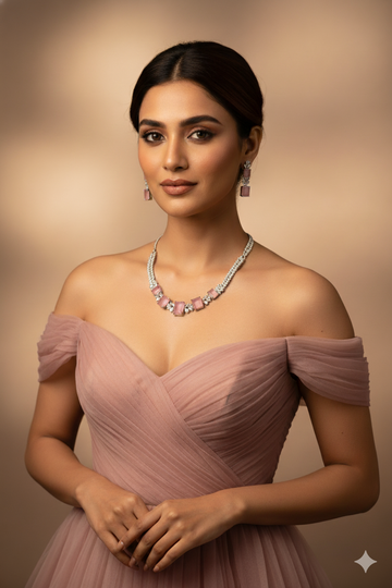 Pastel Pink Rectangular AD Necklace Set