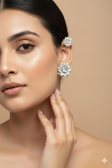 Floral Crystal Stud Earrings in German Silver – Oxidised Antique Finish