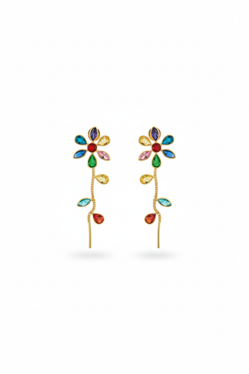 Multicolor Floral Ear Climber Threader Earrings | Natural Stones, Gold‑Plated Brass
