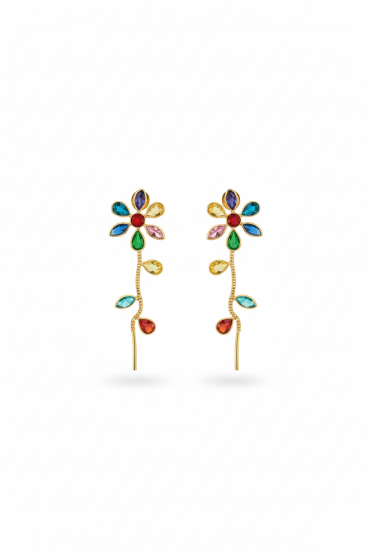 Multicolor Floral Ear Climber Threader Earrings | Natural Stones, Gold‑Plated Brass