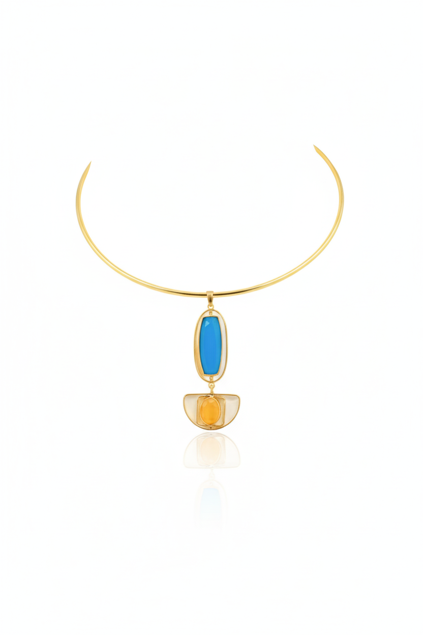 Hansuli Necklace with Dual‑Tone Geometric Pendant – Blue & Yellow Stones | Brass Anti Tarnish | Lightweight