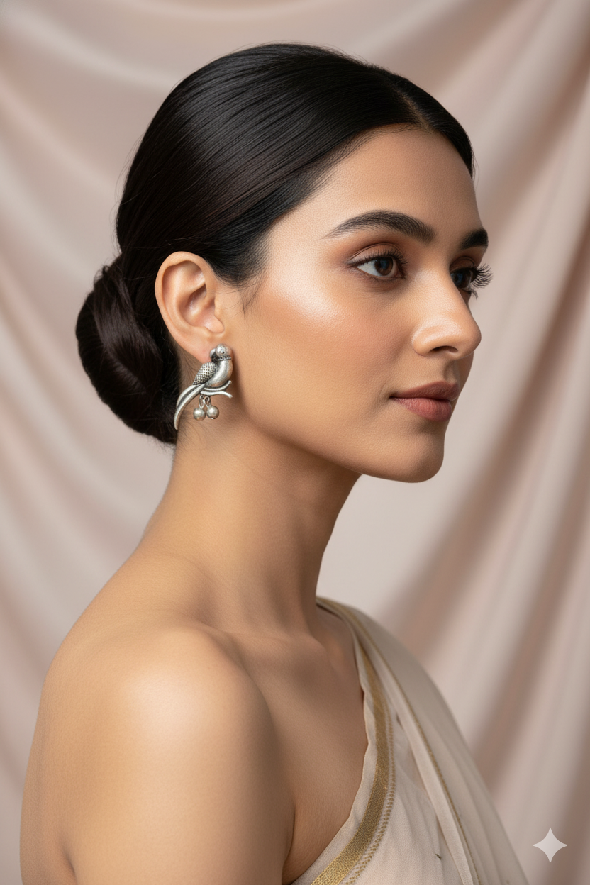 Oxidised German Silver Parrot Earrings